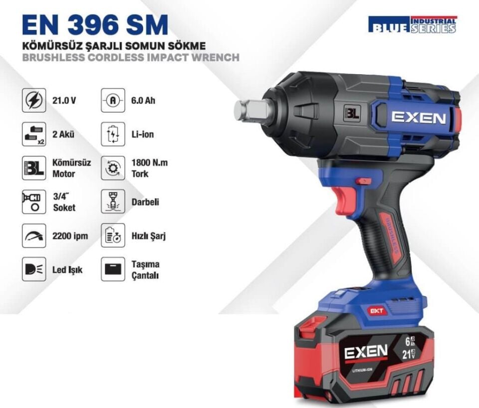 Exen EN 396 SM Kömürsüz Şarjlı Somun Sökme 21V 1800 Nm