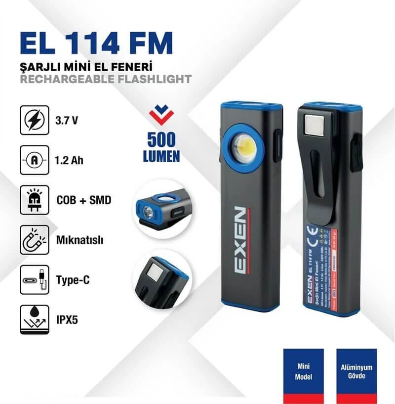 EXEN EL 114 FM 500 Lümen Şarjlı Mini El Feneri